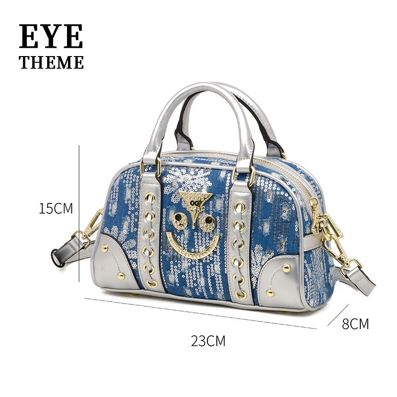 Jean bordado sequinado periódico de mano 2025 almohada casual estilo mini troquero periódico de dibujos animados de color contraste # 2824