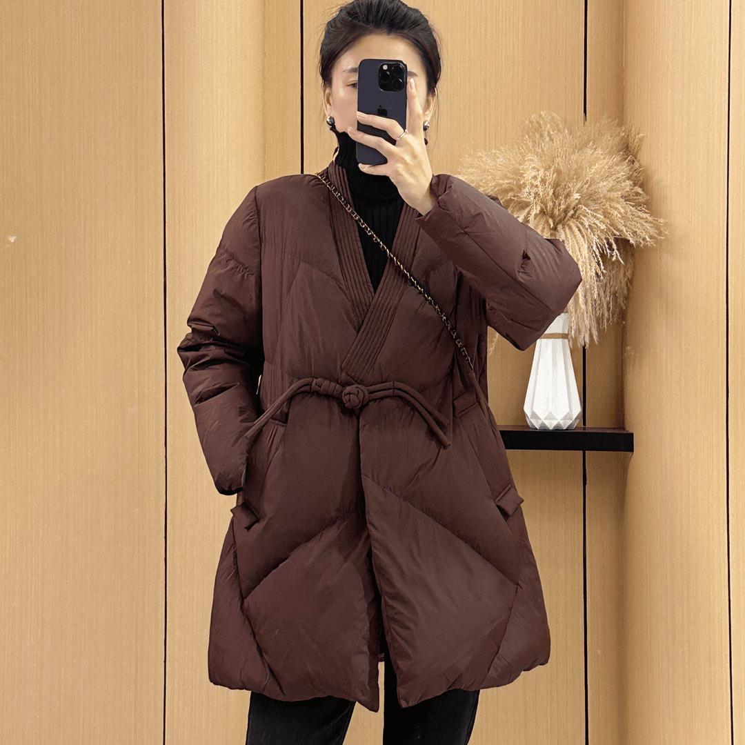 Long winter retro keep warm down jacket, mid-length, V-neckline