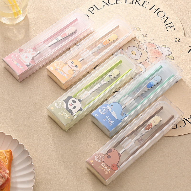 304ステンレス携帯食器かわいいアニメ子供食器学生箸スプーンフォーク食器3点セット|undefined