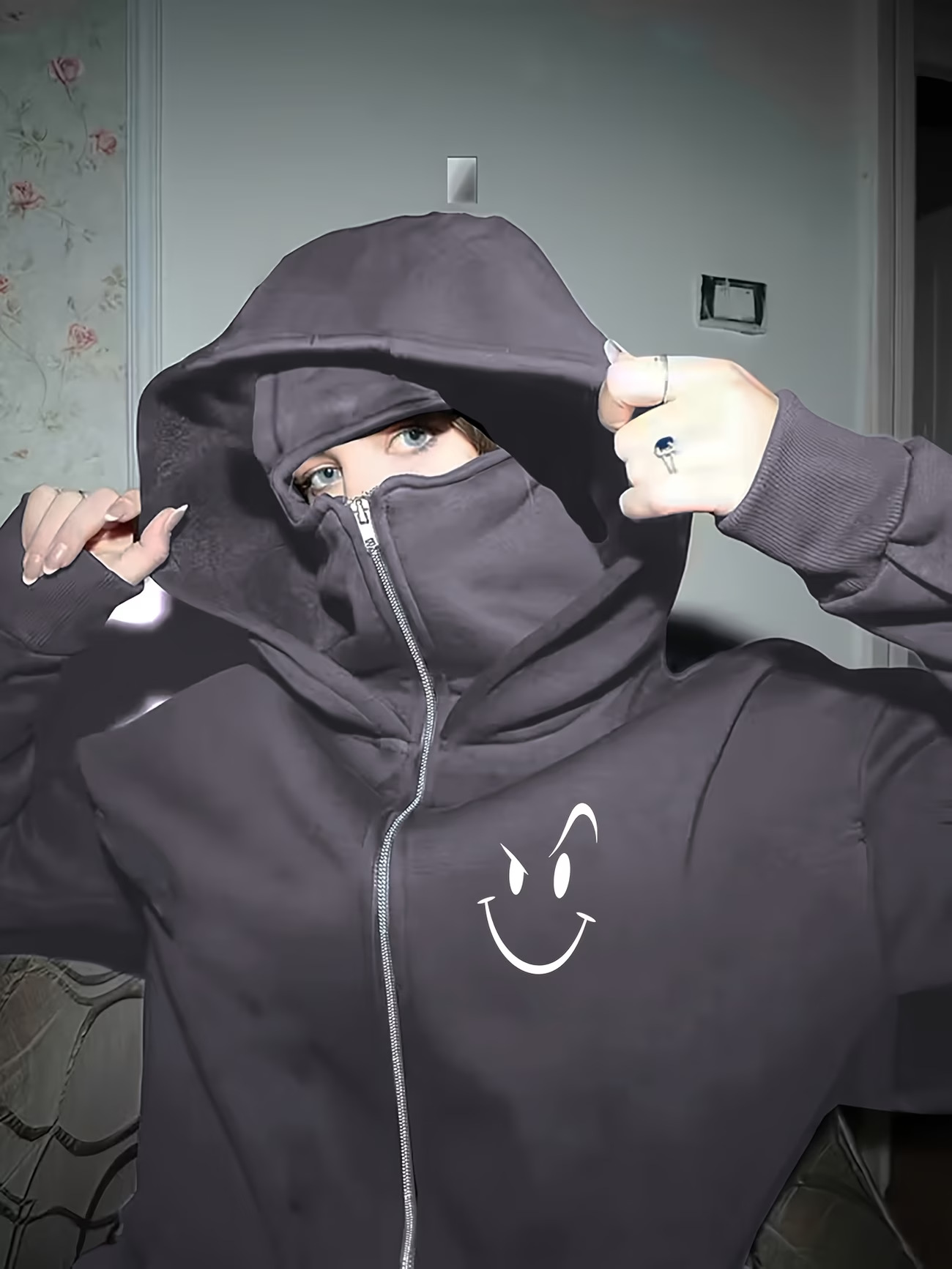 Women's Clothing Fleece Lined Hooded Cardigan Coat Smiley Face Print Double Layer Casual Style Autumn Winter Fashion_ecoleips.com