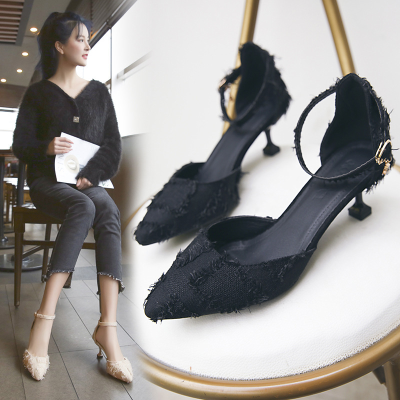 女性用サンダル卸売 2025 春と秋の新しいスタイルのスティレットヒールポインテッドトゥキャットヒール中空婦人靴ワンラインバックルストラップミッドヒールハイヒール|undefined