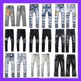 美式高街高品质AM字母刺绣牛仔裤男百搭修身洗水小脚长裤网红同款