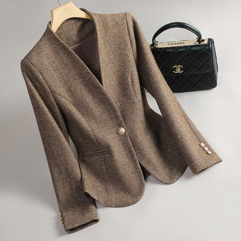 【Foreign Trade Hot Item】Coffee-Colored Wool Blazer for Women 2026 Spring and Autumn Slim Fit Single-Button Woolen Suit
