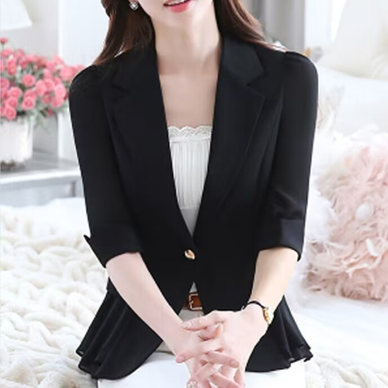 2025 New Small Suit Women's Short Jacket Slim Korean Style Seven-point Sleeve Ruffled Chiffon Suit Thin Wholesale