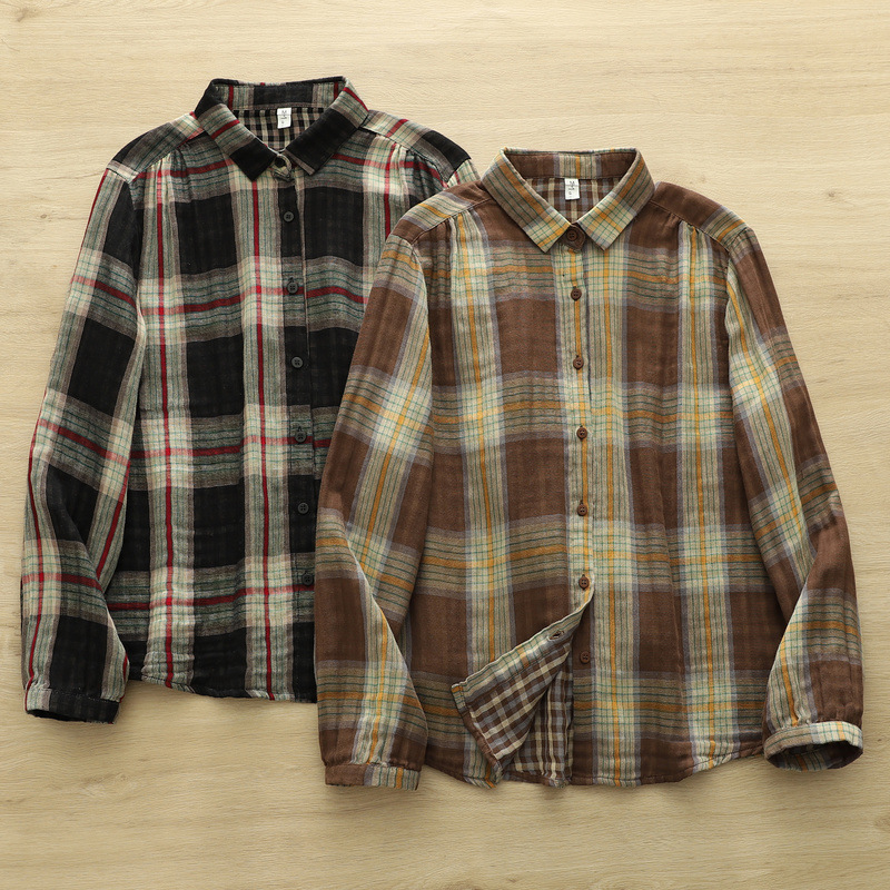 Korean Style New Plaid Cotton Yarn Women's Cardigan Long-Sleeved Shirt Autumn Tops Wholesale