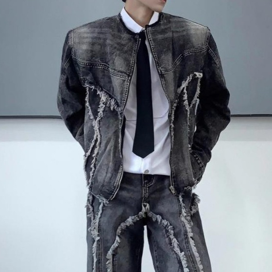 European and American Niche Tie-Dye Washed Distressed Denim Suit Men's Raw Edge Splicing Bootcut Jeans Jacket Jacket Export