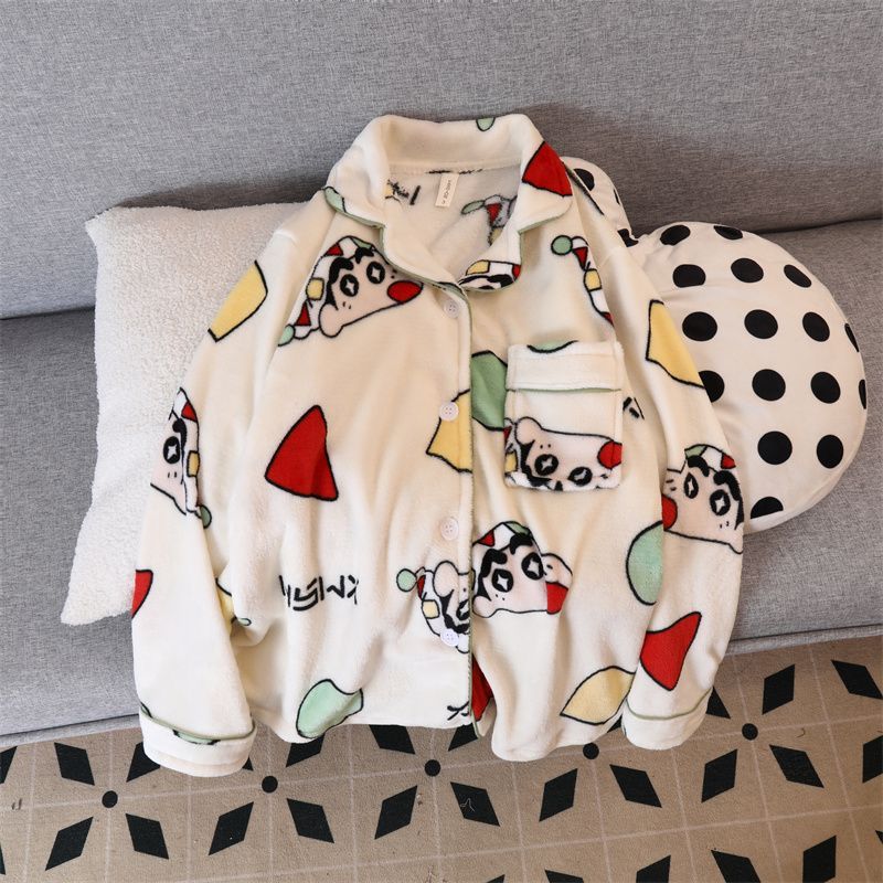Pijamas de lana de coral de otoño y invierno de franela de niña de dibujos animados de manga larga ropa de hogar cardigans se pueden usar fabricantes