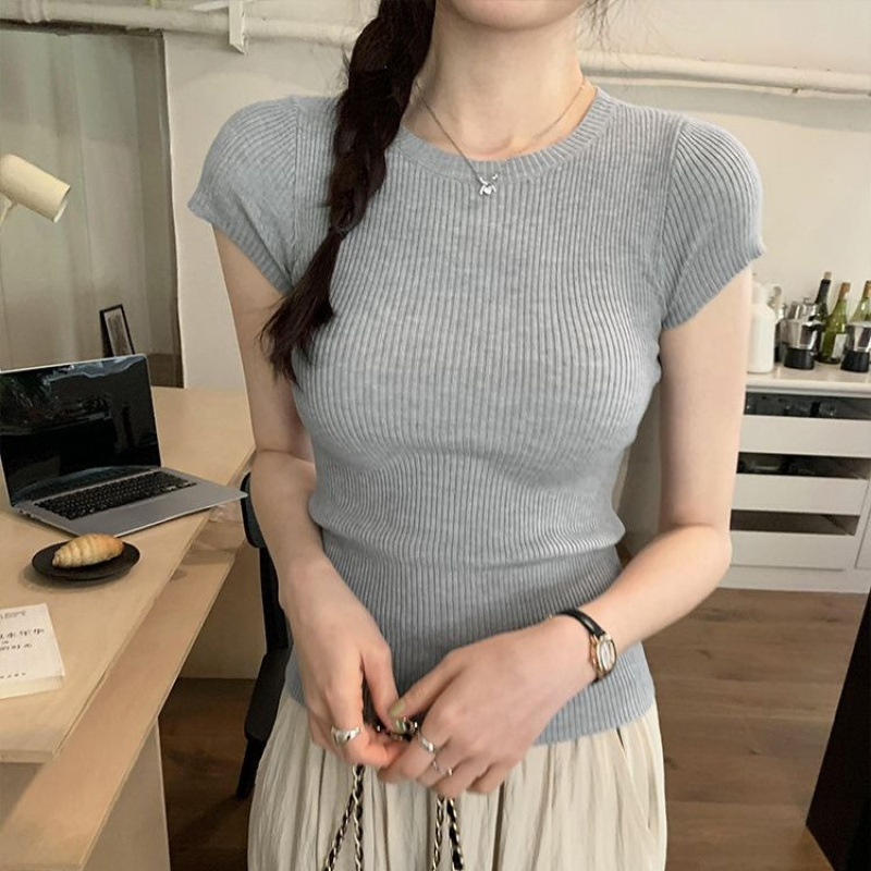 White Fashionable Gray T-Shirt Bottoming Knitted Ice Silk Short-Sleeved T-Shirt for Women 2025 New Sweet and Spicy Top Summer White Fashionable Gray T-Shirt Bottoming Knitted Ice Silk Short-Sleeved T-Shirt for Women 2025 New Sweet and Spicy Top Summer