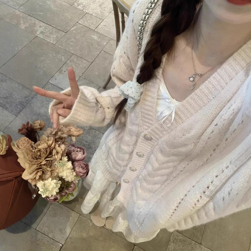 Kaning Pink Knitted Cardigan Sweater Korean Chic Wear Loose Sweet Age-Reducing Lazy Style Jacket Top