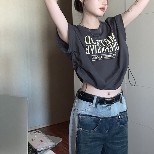 Design-sensual short-sleeved T-shirt for women in summer irregular niche Korean style chic drawstring loose short top ins