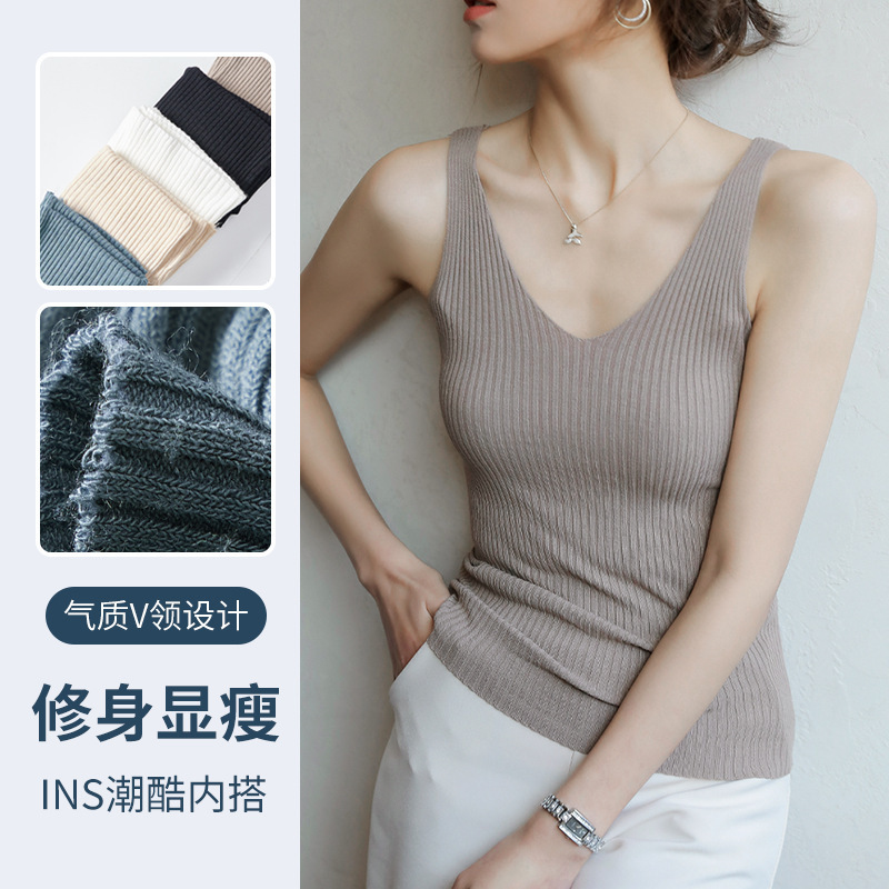 Strict Selection Camisole Women's Knitted V-Neck Outer Wear Loose Design Summer Black Slim-Fit Inner Sleeveless Top