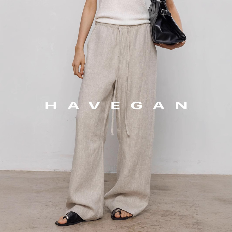 Havegan/Loose 100% Linen Wide-Leg Casual Pants for Women Summer 2026 New Style Relaxed Draped Long Pants