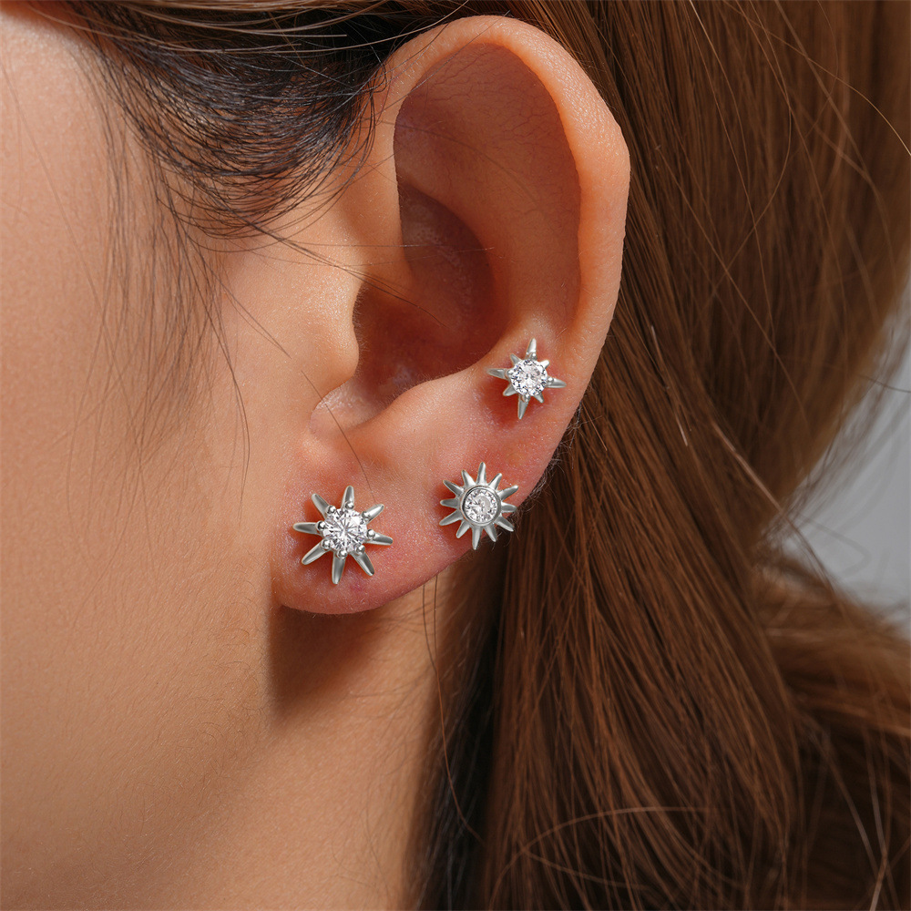 3 Pieces Set IG Style Simple Style Shiny Star Plating Inlay Sterling Silver Zircon Ear Studs display picture 3