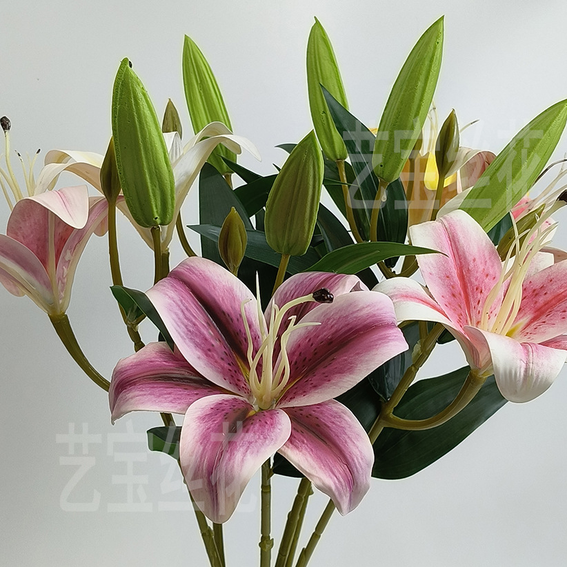 仿真手感保湿3D手感单支百合花 兰花 高档酒店装饰绢花居美陈摆件