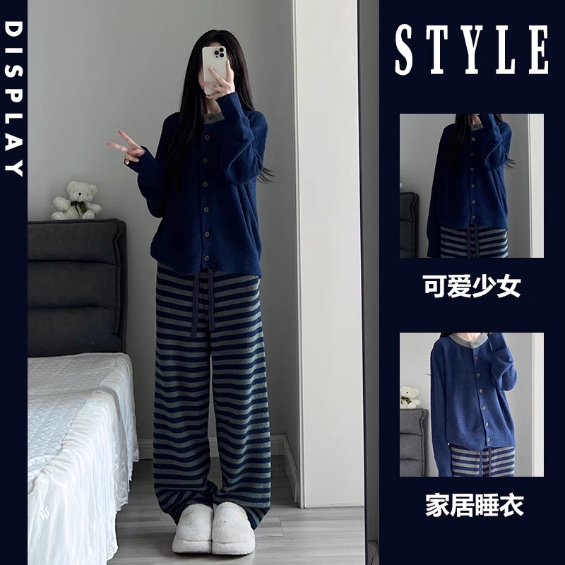 Korean Style Girl's Contrasting Stripesd Half-Velvet Knitted Pajamas for Women Winter Thickeneded Plush Home Clothes Large Size Suit Winter