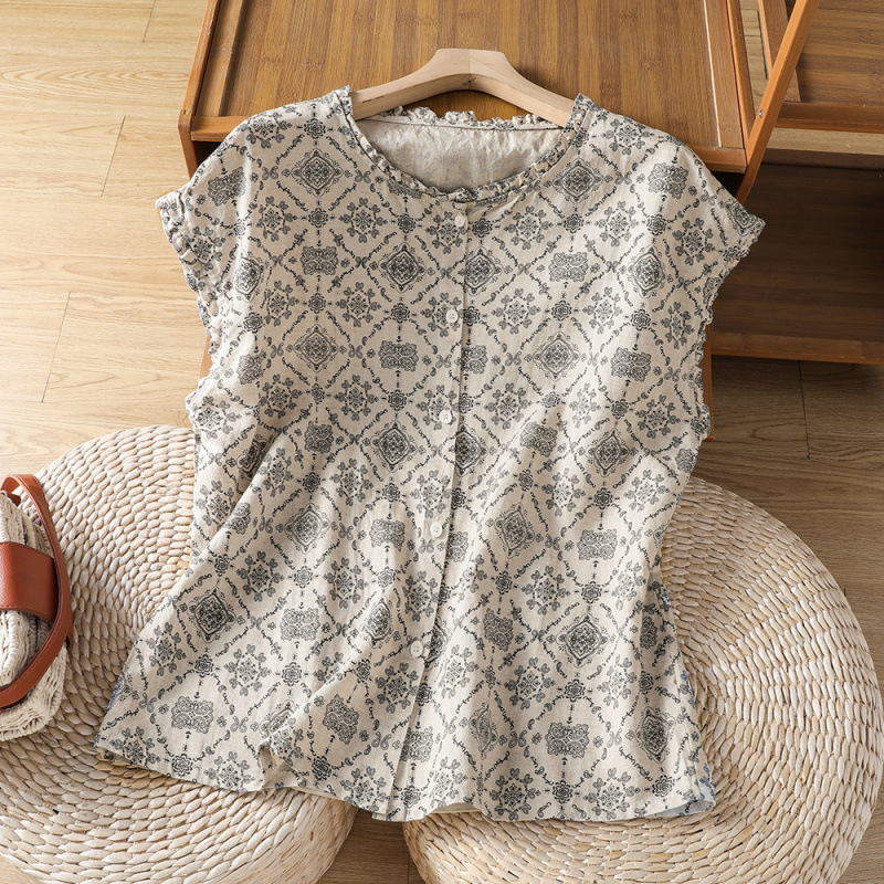2026 Summer Cotton and Linen Shirt for Women, Retro Lace Collar, Summer Loose Fresh Floral Cardigan, Women's Short-Sleeved Shirt 2026 Summer Cotton and Linen Shirt for Women, Retro Lace Collar, Summer Loose Fresh Floral Cardigan, Women's Short-Sleeved Shirt