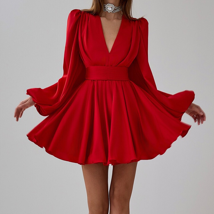 European and American Cross-Border French-Style Pleated Dress for Women, High-End Puff Sleeves, V-Neck, Waist Cincher, Slimming Satin A-Line Dress
