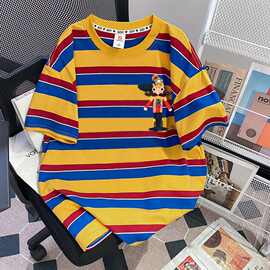 多巴胺字母印花中长款短袖t恤女ins韩系拼色条纹宽松百搭遮肉上衣