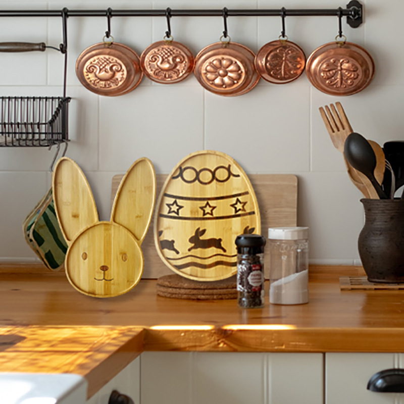 bandeja de bambú bandeja de conejo de Pascua multifuncional de doble cara bandeja de bambú para picnic bandeja de bocadillos