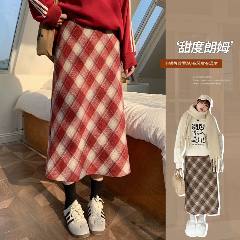 Новая весенняя шерстяная юбка миди прямого кроя больших размеров, юбка А-силуэта в американском ретро-стиле с клетчатым принтом 63168