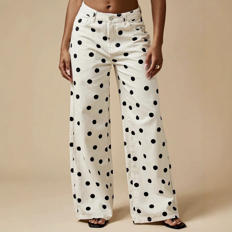 European and American cross-border foreign trade 2026 new style printed loose casual fashion mid-waist non-stretch black polka dot women's jeans European and American cross-border foreign trade 2026 new style printed loose casual fashion mid-waist non-stretch black polka dot women's jeans