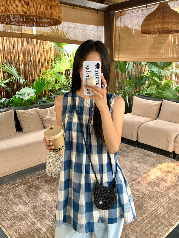 Huang Zheng 韓国ベストスカートファッショナブルなスプライシングチェック柄スカートプリーツレトロブルーチェック柄先染めドレス 520410|undefined