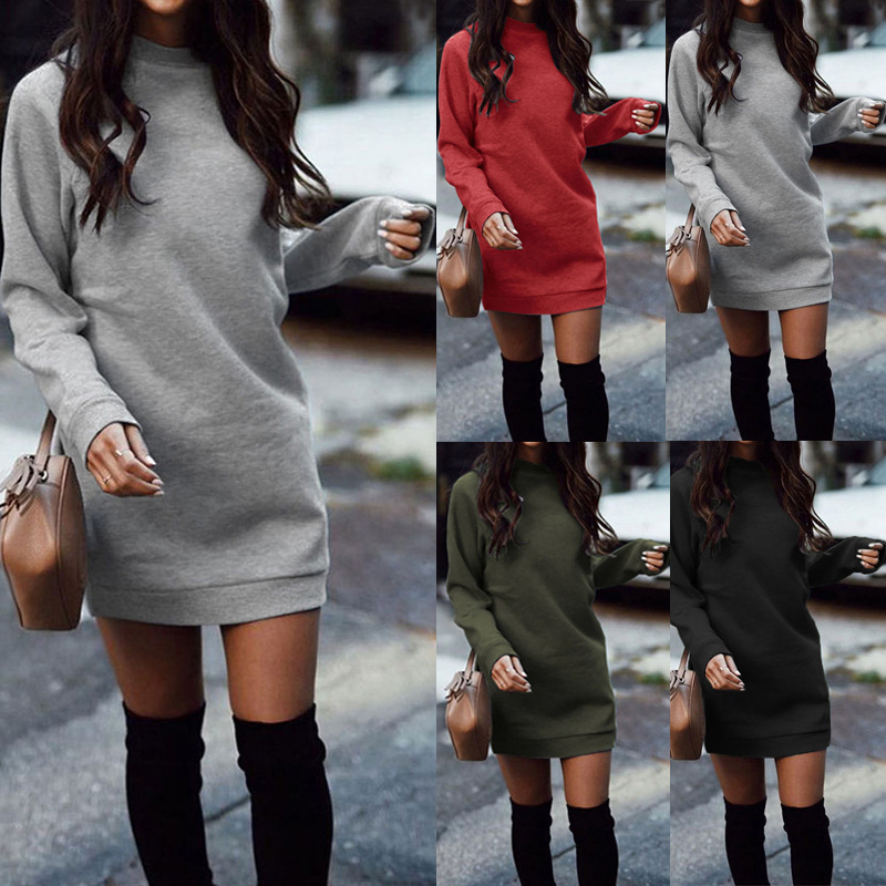 Cross-Border 10-Color Autumn and Winter Fashionable Round-Neck Long-Sleeved Women's Dress