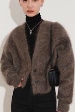 水貂绒针织开衫女秋装短款宽松气质外套法式休闲领毛衣外搭