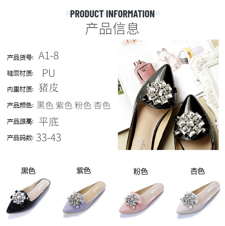 Dép sandal nữ bít mũi nhọn đính đá, đế bằng — A1-8 Màu mơ, Màu hồng A1-8, Màu tím A1-8, Màu đen A1-8 chi tiết 5