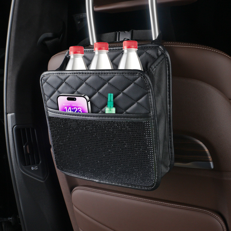 Bolsa de almacenamiento trasera de asiento de diamante de automóvil transfronterizo, bolsa colgante, caja de almacenamiento multifuncional, bolsa trasera de asiento de diamante montada en automóvil