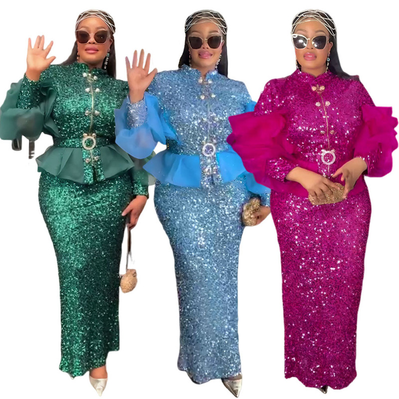 European and American Cross-Border Aliexpress Sequin Party Evening Dress African Women's Plus Size Jacket High Waist Dress Two-Piece Set