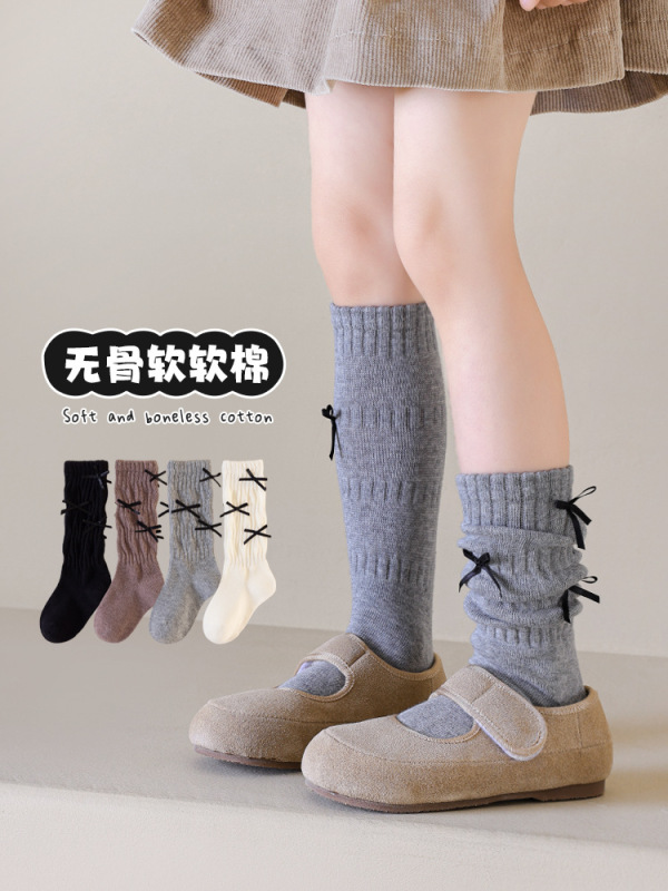 时尚蝴蝶结儿童堆堆袜 潮流ins女童高筒袜子小腿袜条纹显瘦舞蹈袜|undefined