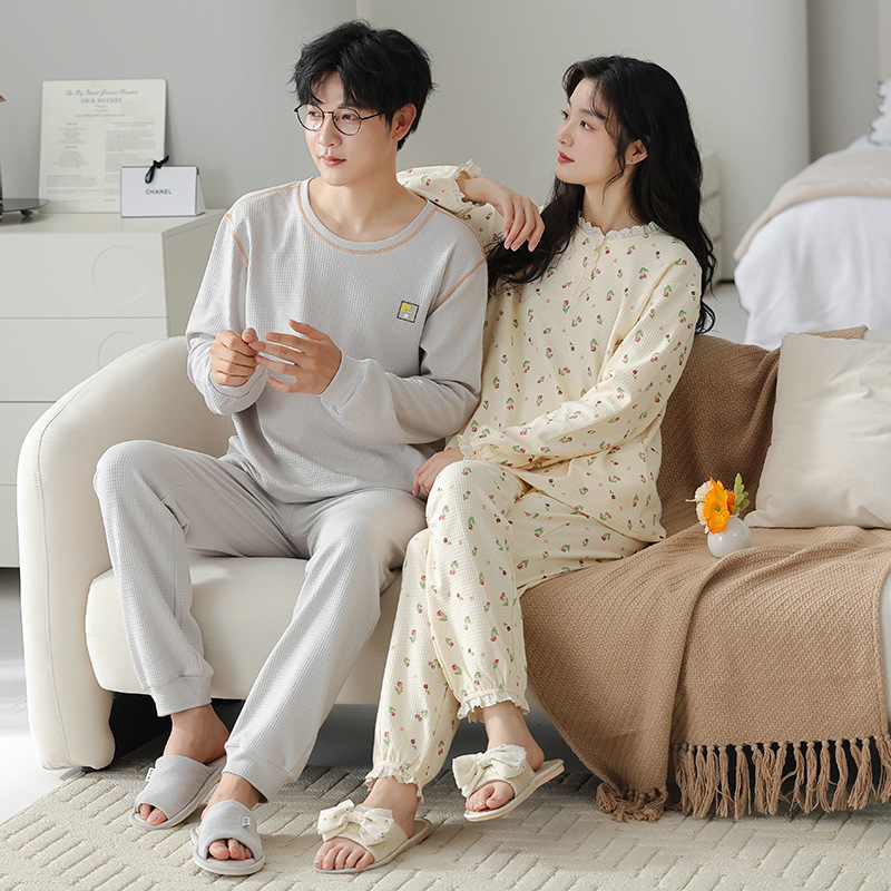 純綿パジャマ カップル用 ラウンドネック プルオーバー レディース 綿100% 秋冬 メンズ 長袖 ホームウェアセット 外出可 カジュアル