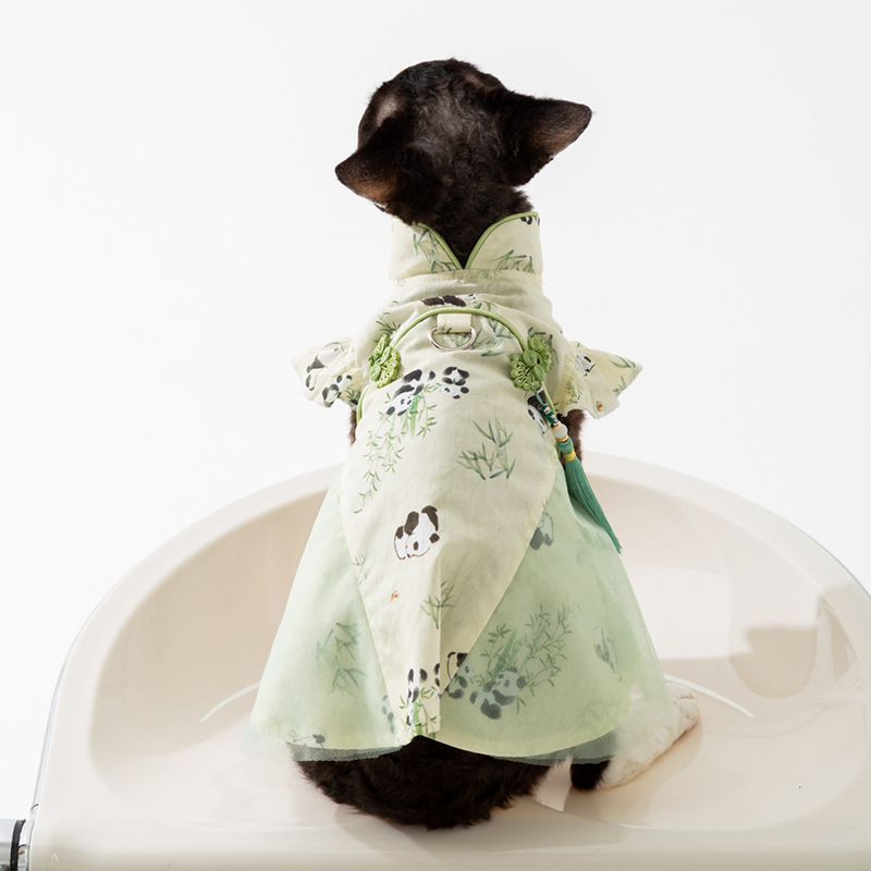 Primavera y verano gato estilo nacional estilo chino hebilla hoja de bambú vestido de panda gato sin pelo traje de pareja camisa ropa para mascotas