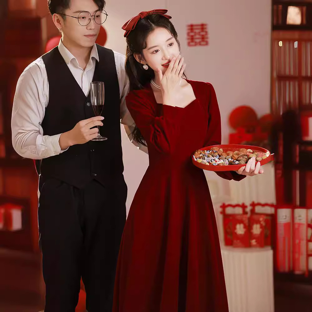 Toast dress bride 2024 new high-grade wine red wedding engagement dress velvet long sleeve can be worn at ordinary times