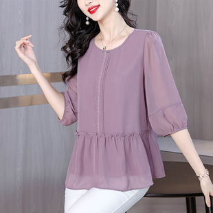 Loose and Versatile Round Neck Chiffon Shirt for Women 025 Summer New Style Foreign Style Age-Reducing Mother's Wear Beautiful Small Shirt Top