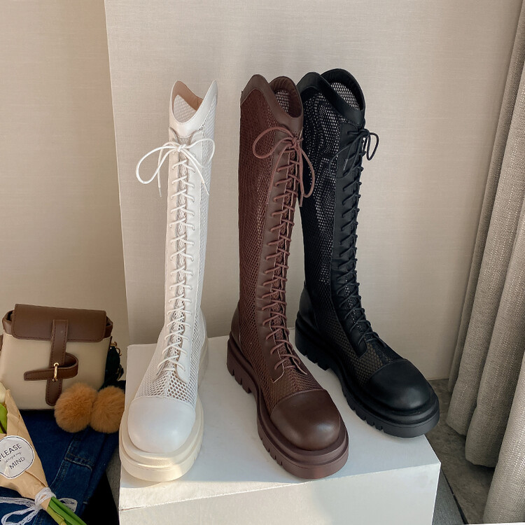 Boot lưới da thật cổ cao đế dày thoáng khí mùa xuân hè phong cách kỵ sĩ buộc dây — Màu nâu ống lớn, Màu đen cổ ống lớn, Ống nhỏ màu đen, Ống nhỏ màu be chi tiết 97