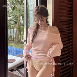 度假风条纹比基尼女分体三件套粉色宽松罩衫显瘦遮肉休闲度假泳衣