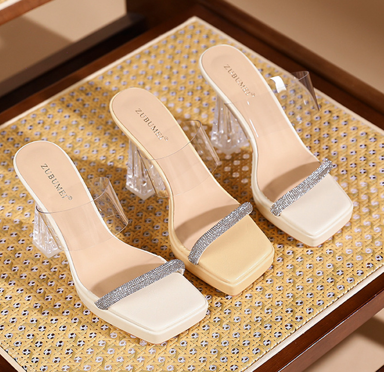 Sandal cao gót nữ quai một dây trong suốt, mũi vuông hở ngón, đế platform, gót 11 cm — Vàng nhạt-11cm chi tiết 10