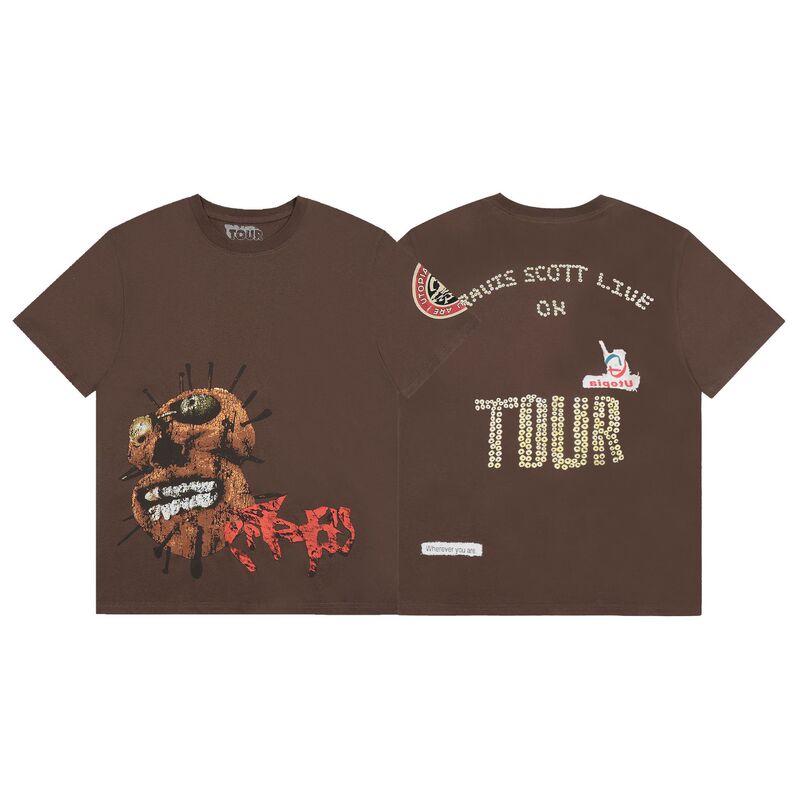 Travis Scott Cactus Jack iron head skull pattern Brown short sleeve casual T-shirt for men Travis Scott Cactus Jack iron head skull pattern Brown short sleeve casual T-shirt for men