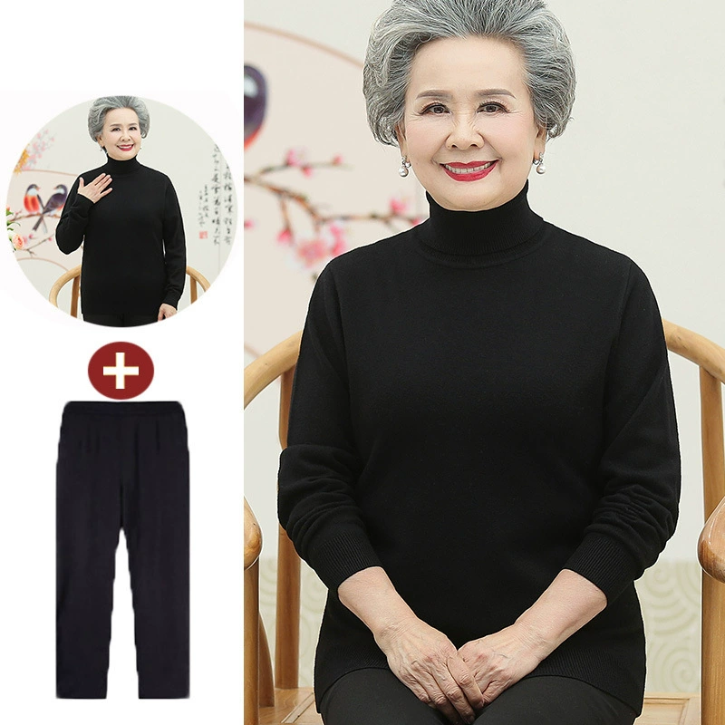 Свитер для стариков, осенняя одежда для бабушек, женщин среднего и пожилого возраста, осенне-зимняя шерстяная Базовая рубашка, утолщенный топ с высоким воротником для мамы и старой леди