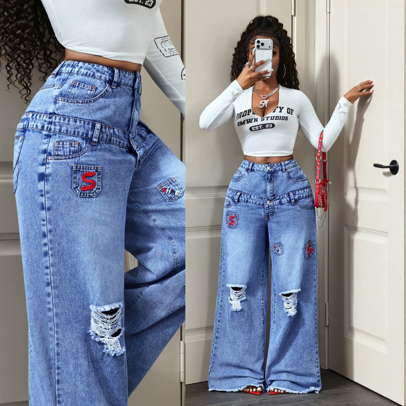 European and American trendy brand jeans with double-layer waistband, ripped wide-leg pants, multiple pockets, embroidered patch pockets, washed, street style, floor-length European and American trendy brand jeans with double-layer waistband, ripped wide-leg pants, multiple pockets, embroidered patch pockets, washed, street style, floor-length