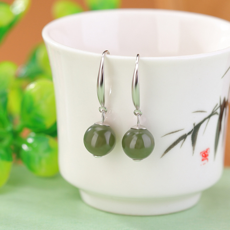 Bông tai bạc S925 móc hoa tai đính đá ngọc bích Hetian hạt tròn đơn giản — Kiểu nước nắng