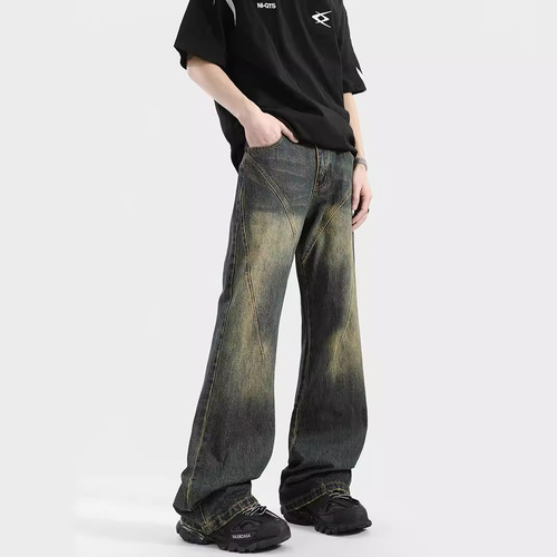 Deconstructing car line water-washed men's summer trend loose vibe design straight micro-waist pants