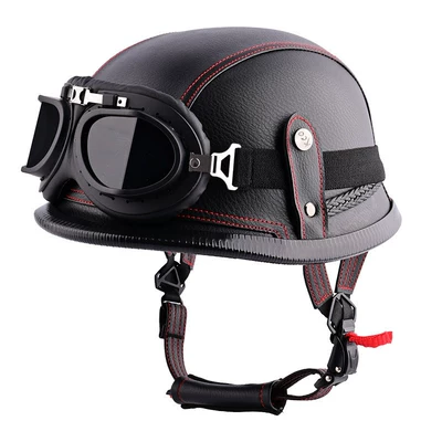 Motosiklet kaskı (dəbilqə), Motorcycle Half Helmet Large Head Circumference - black-and-red-line-black-frame-brown-goggles-m