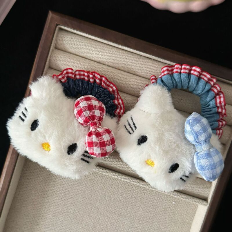 可爱蓝色格子猫咪牛仔发圈日系甜美高颜值少女风马尾发绳发饰批发|undefined