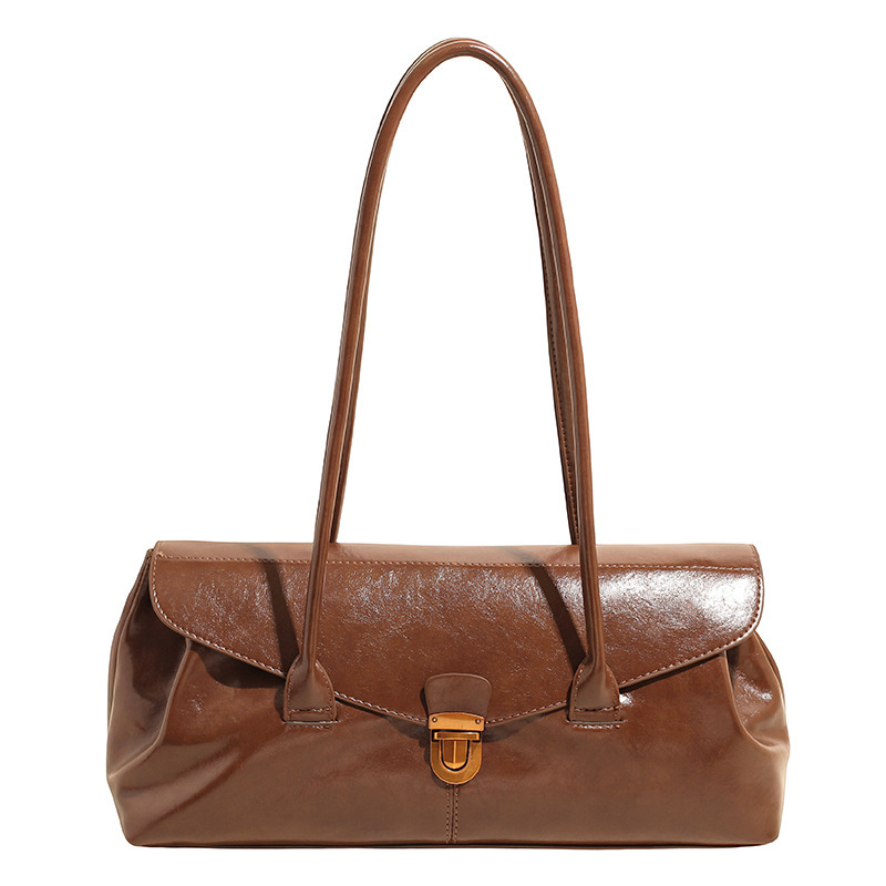 Cross-Border Designer Retro Maillard Armpit Shoulder Bag Lock Motorcycle Baguette Bag Large Capacity Handbag for Women