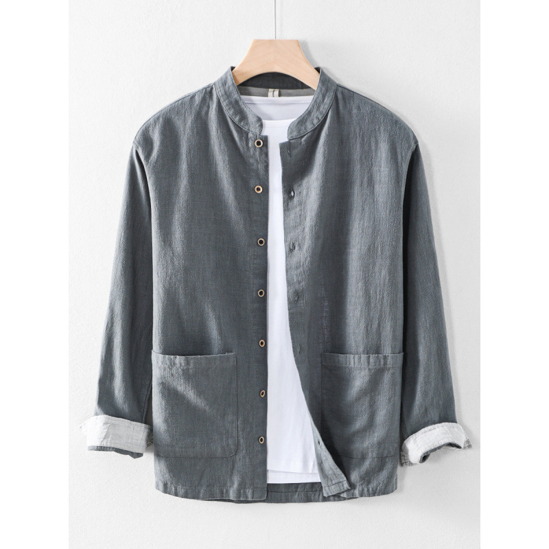 2026 Autumn New Men's Casual Linen Shirt Thin Breathable Chinese Style Cotton-Linen Stand Collar Shirt-