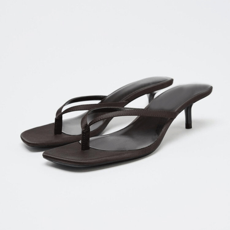 Chanclas de Tacón Kitten de Tela, Cabeza Cuadrada y Tacón Delgado, para Verano y Vacaciones