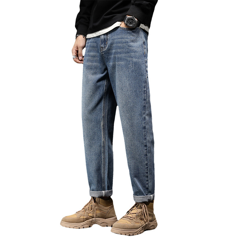 Men's jeans 2023 winter new Korean version of the fashion brand elastic straight tube plus fleece casual everything simple long pants